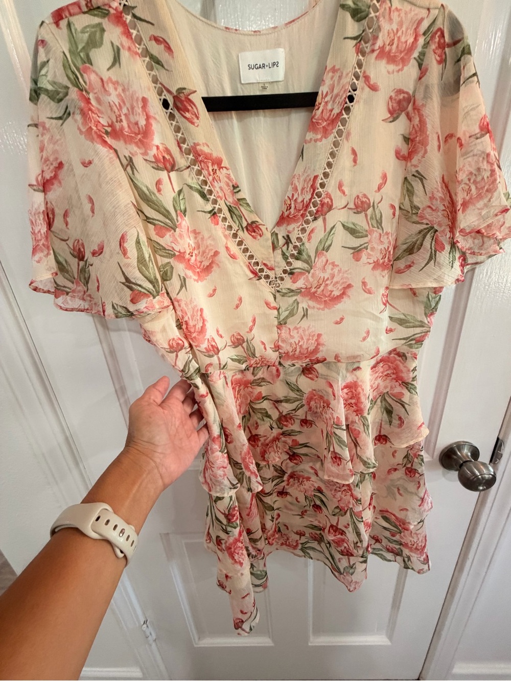 Sugarlips Cream Floral Ruffle V-Neck Tiered Dress - Picture 3 of 3